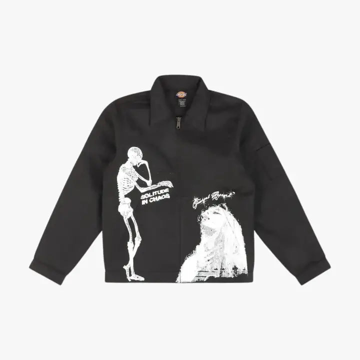 Solitude Dickies Jacket, flat product shot of a black zip-up jacket with white skeleton and figure graphics.