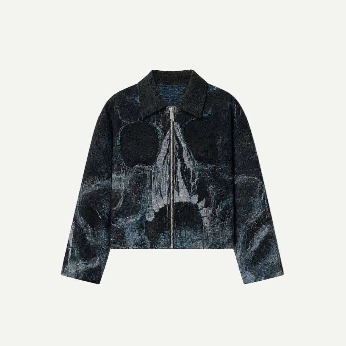 Skull Jacket - black and blue-grey tapestry woven zip-up jacket with a large skull graphic across the front and sleeves, featuring a pointed collar and silver metal zipper