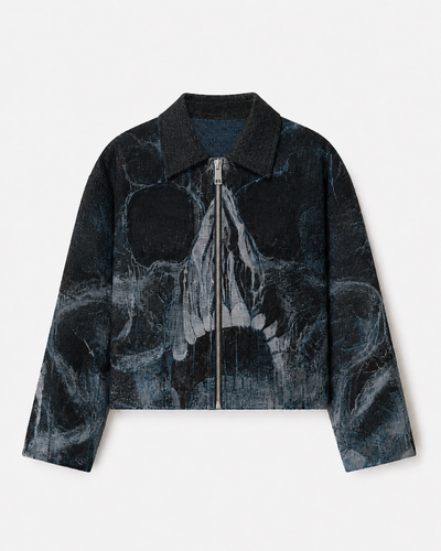Skull Jacket - black and blue-grey tapestry woven zip-up jacket with a large skull graphic across the front and sleeves, featuring a pointed collar and silver metal zipper