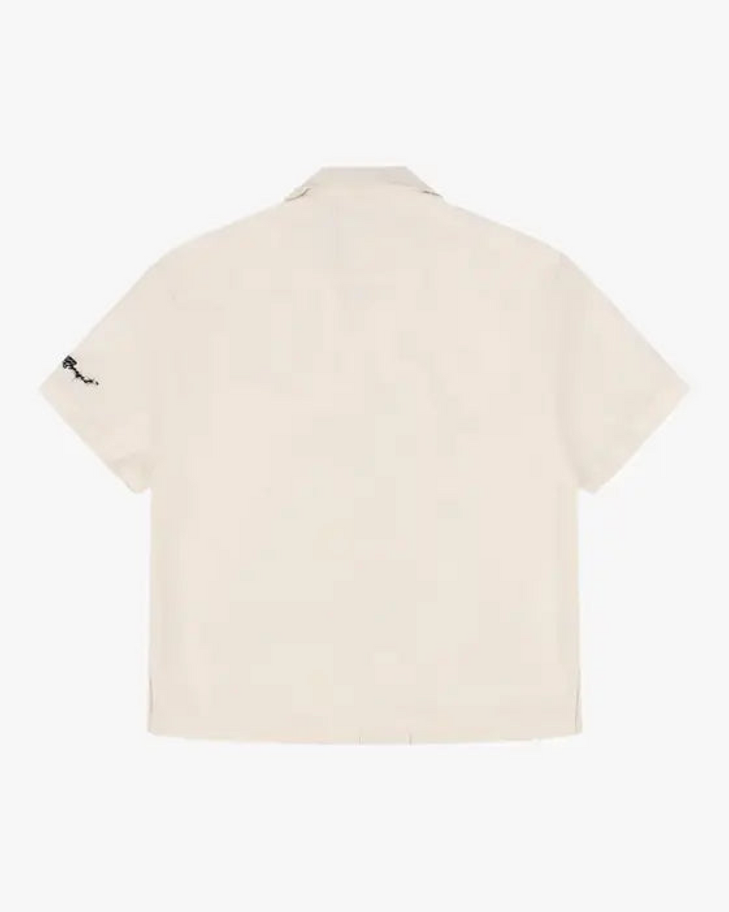 Barbed Wire Pocket Shirt (Ivory), flat product shot of the back of a short-sleeve shirt with black sleeve embroidery.