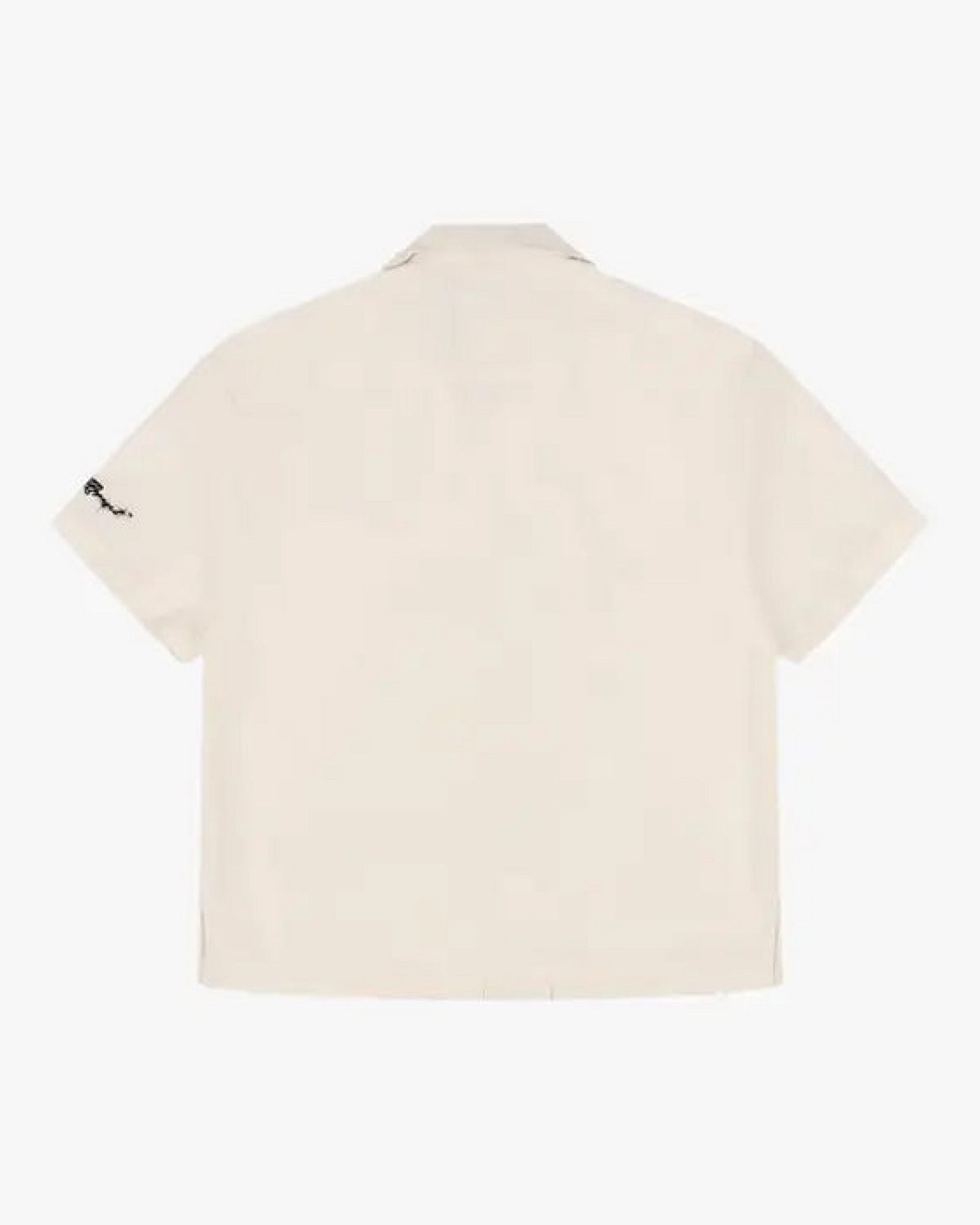 Barbed Wire Pocket Shirt (Ivory), flat product shot of the back of a short-sleeve shirt with black sleeve embroidery.