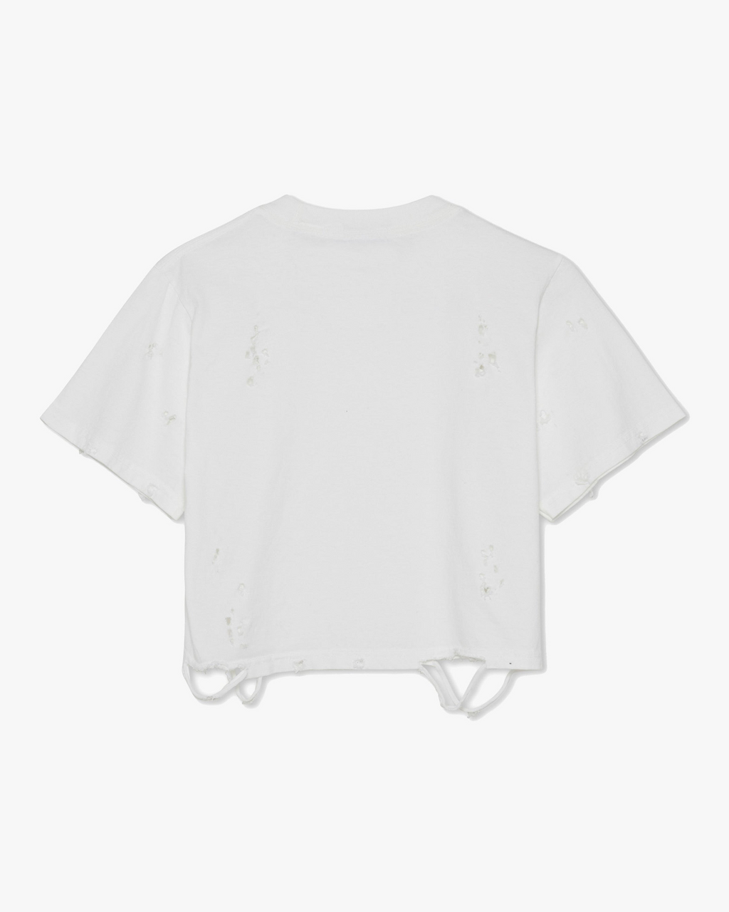 Distressed Cropped T-Shirt (Men’s) - white distressed cropped short sleeve t-shirt, distressing with loose hem threads/loops, flat back view