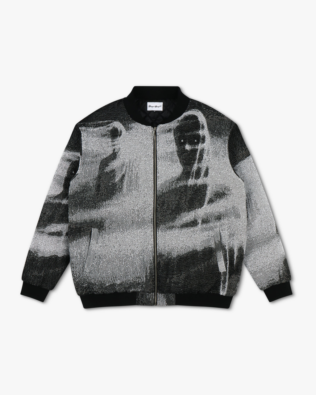 Shadow Bomber Jacket - woven tapestry bomber jacket featuring shadowy hooded figures in greyscale, black ribbed collar, cuffs, and waistband with zip front closure and quilted interior lining