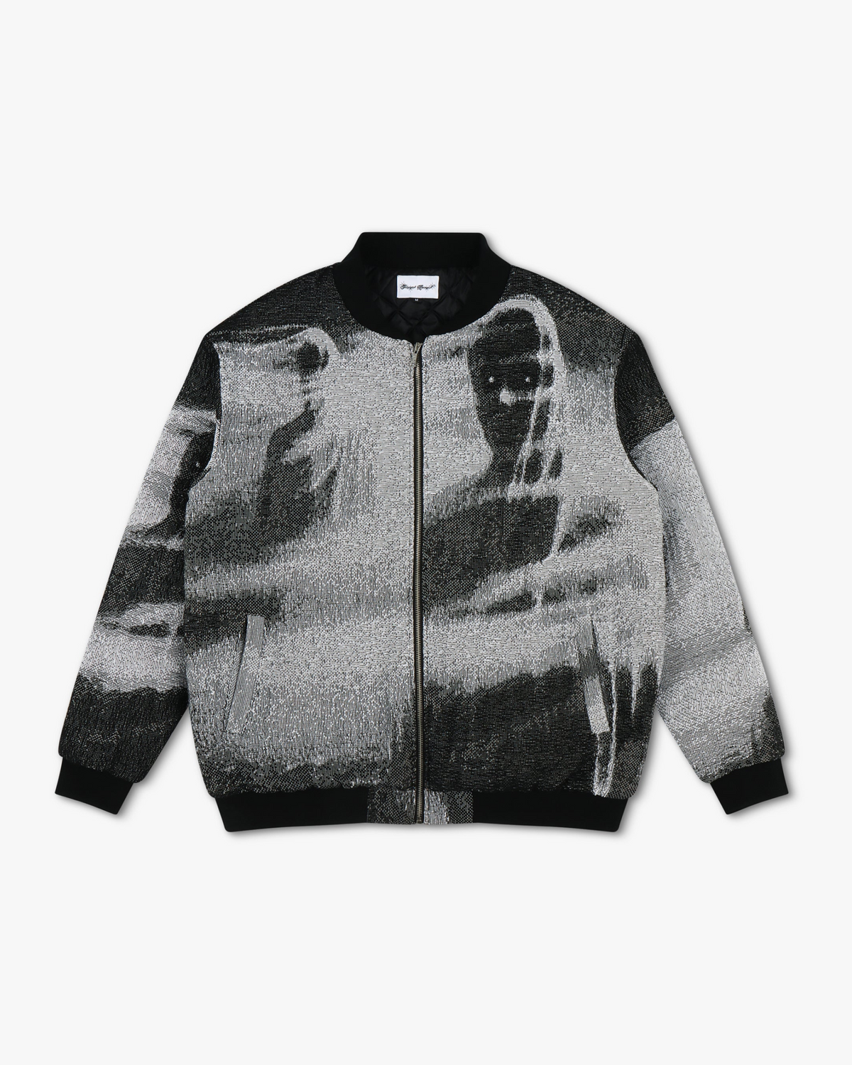 Shadow Bomber Jacket - woven tapestry bomber jacket featuring shadowy hooded figures in greyscale, black ribbed collar, cuffs, and waistband with zip front closure and quilted interior lining