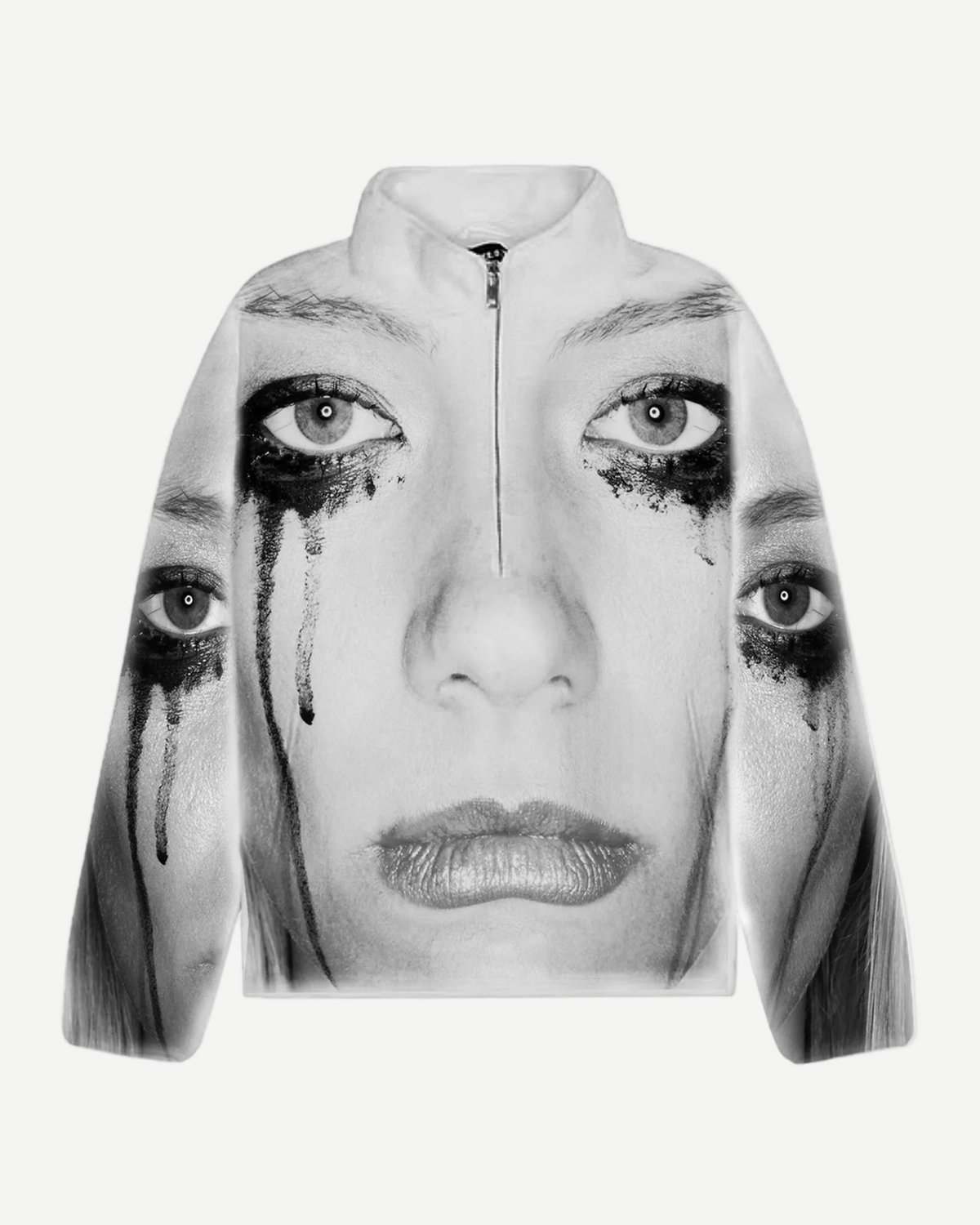 Cry Me A River Half Zip - white half-zip fleece pullover featuring an all-over black and white photo print of a woman's face with running mascara tears