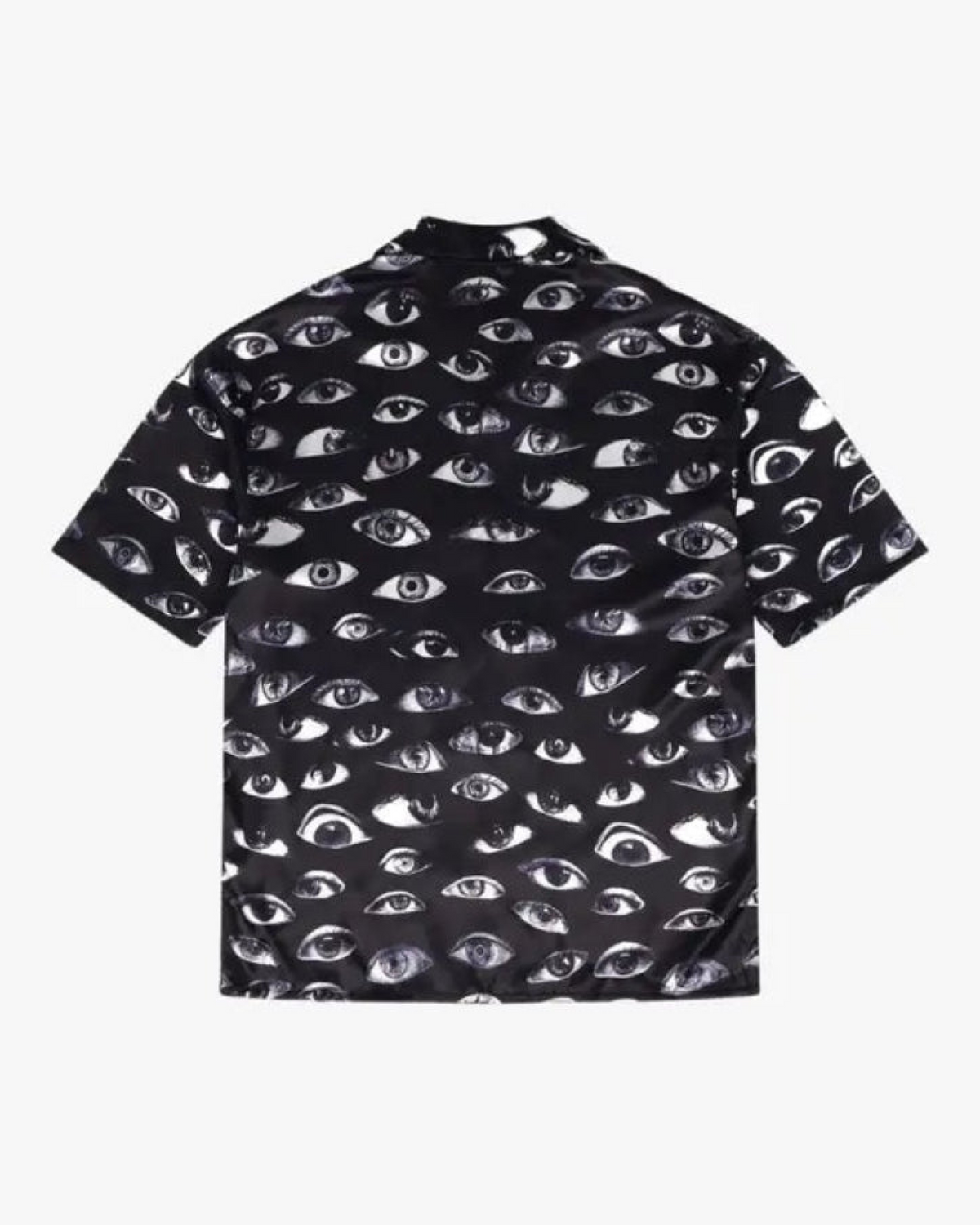 Paranoid Short Sleeve Button Up, flat product shot of a black collared shirt with an all-over human eye print.  