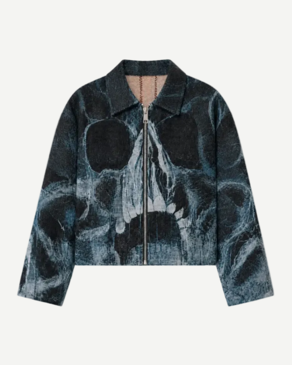Skull Jacket - black and blue-grey tapestry woven zip-up jacket with a large skull graphic across the front and sleeves, featuring a pointed collar and silver metal zipper