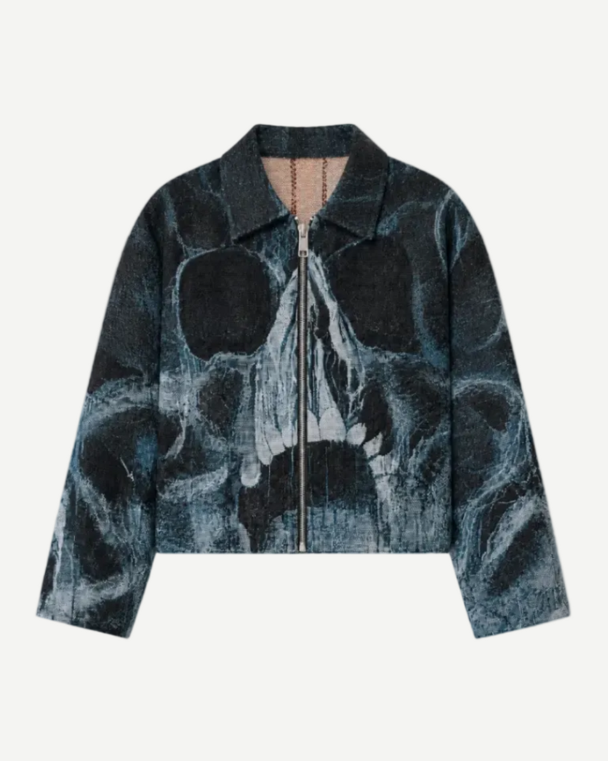Skull Jacket - black and blue-grey tapestry woven zip-up jacket with a large skull graphic across the front and sleeves, featuring a pointed collar and silver metal zipper