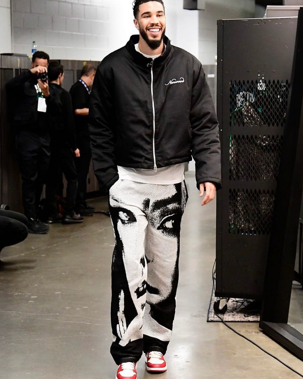 "Her" Pants - black and white woven tapestry pants featuring a large high-contrast portrait graphic of a woman's face