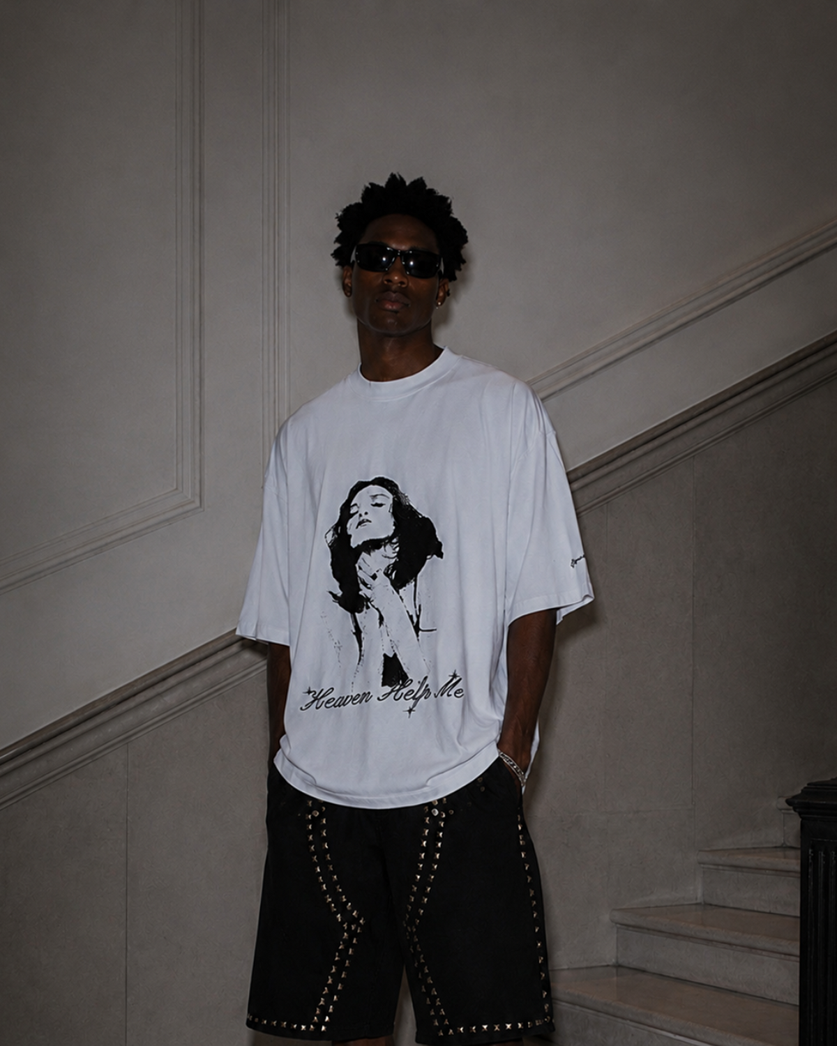 Heaven T-Shirt - white oversized t-shirt with graphic print of a woman and text 'Heaven Help Me'