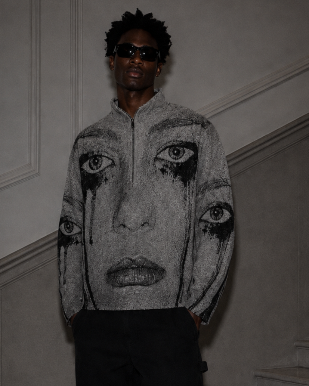 Cry Me A River Half Zip - grey jacquard tapestry half-zip pullover jacket featuring an all-over crying face graphic with running black tears