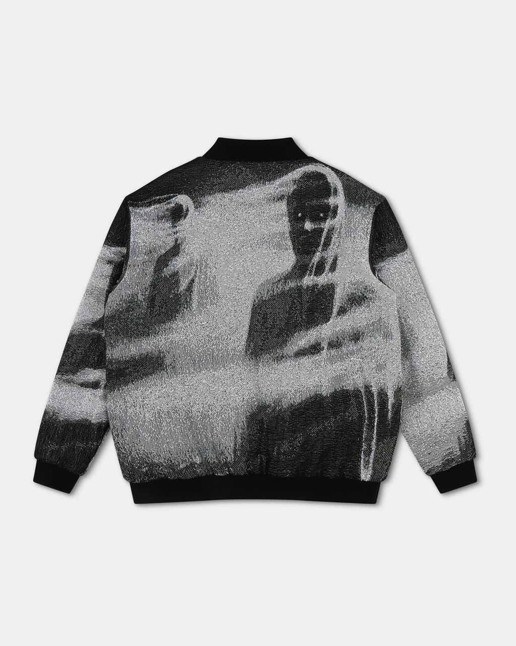 Shadow Bomber Jacket - black and white woven tapestry bomber jacket with black ribbed collar, cuffs, and hem, featuring a graphic of shadowy figures on the back