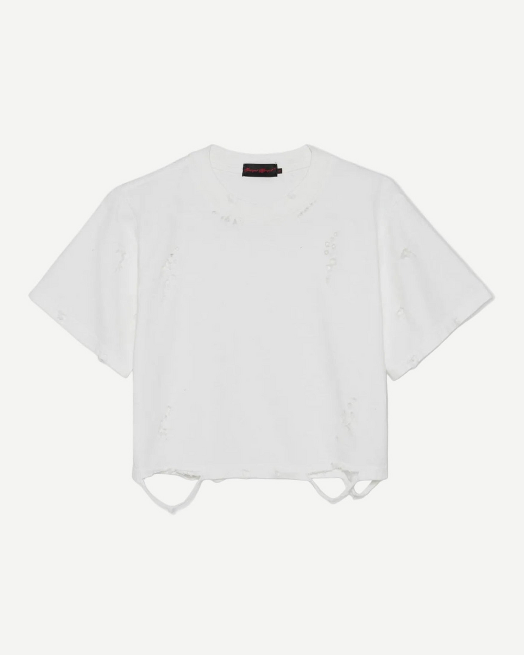 Distressed Cropped T-Shirt (Men’s) - white short-sleeve cropped t-shirt with heavy distressing, holes throughout, and shredded hem details