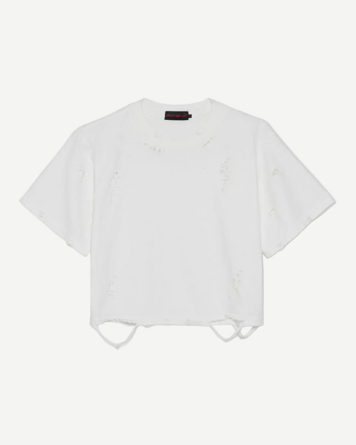 Distressed Cropped T-Shirt (Men’s) - white short-sleeve cropped t-shirt with heavy distressing, holes throughout, and shredded hem details