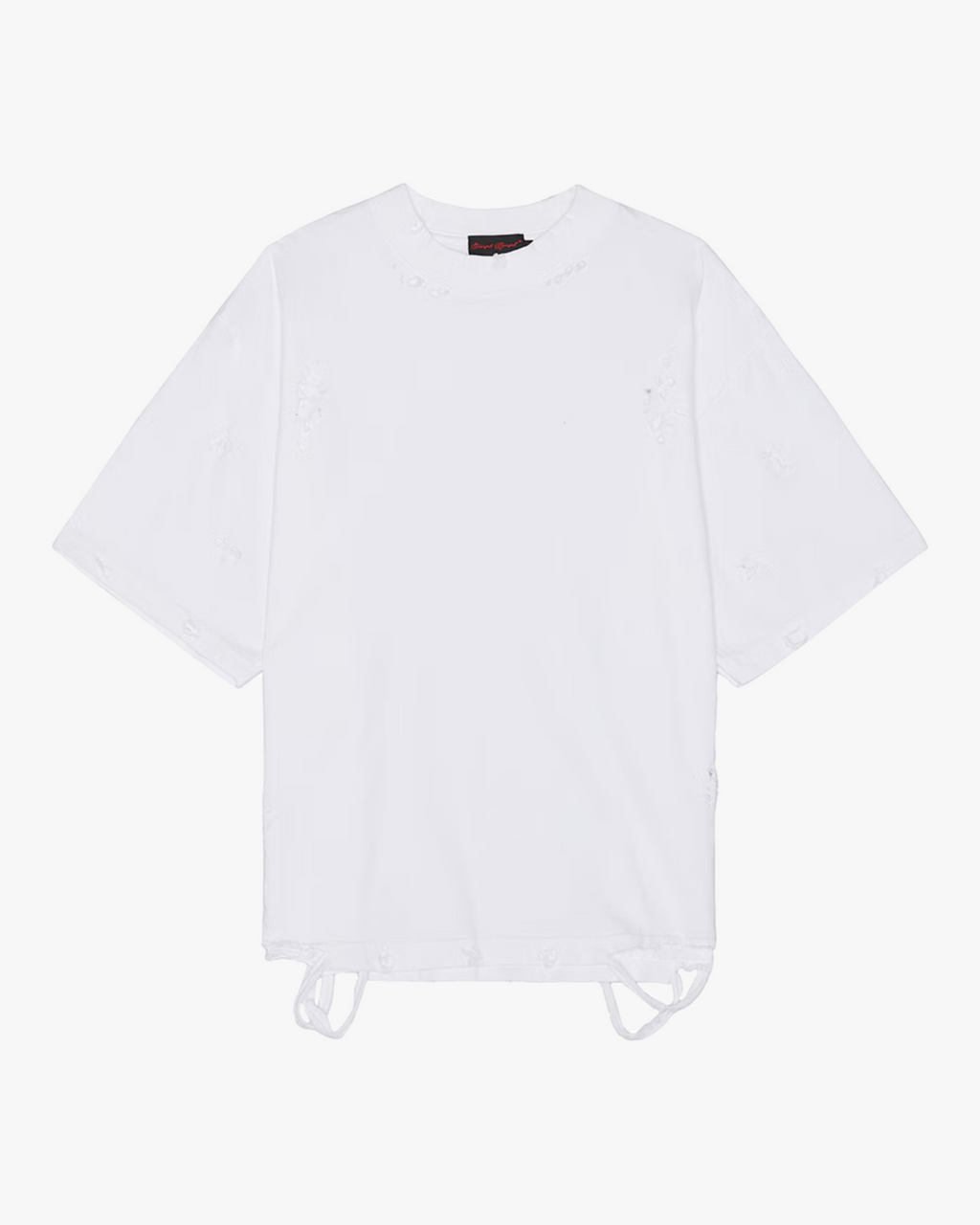 Distressed Cropped T-Shirt (Men’s) - white short-sleeve cropped t-shirt with heavy distressing, holes throughout, and shredded hem details