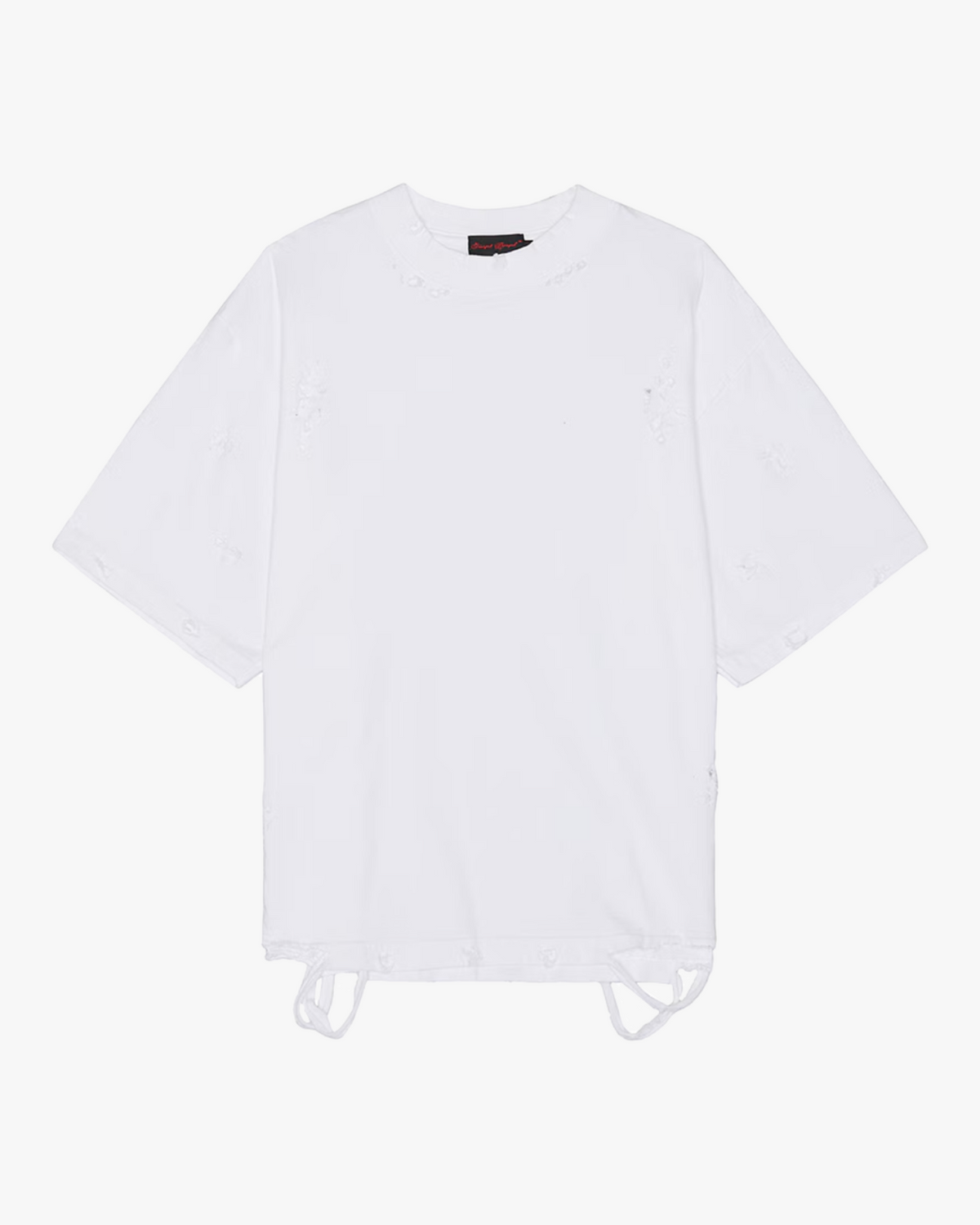 Distressed Cropped T-Shirt (Men’s) - white short-sleeve cropped t-shirt with heavy distressing, holes throughout, and shredded hem details