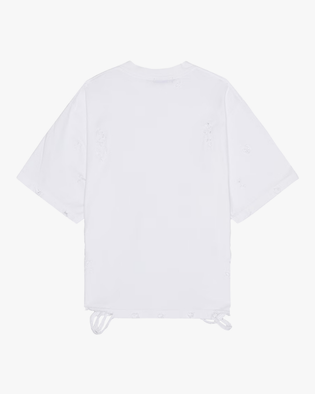 Distressed Oversized T-Shirt - white distressed oversized boxy t-shirt with ribbed crew neck, distressing on collar, cuffs, hem and body, flat lay front view