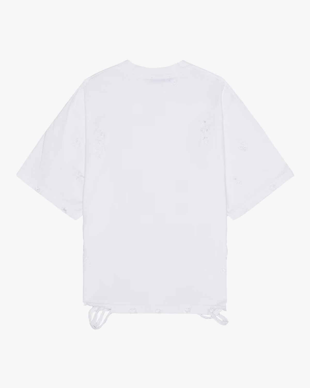 Distressed Oversized T-Shirt - white distressed oversized boxy t-shirt with ribbed crew neck, distressing on collar, cuffs, hem and body, flat lay front view