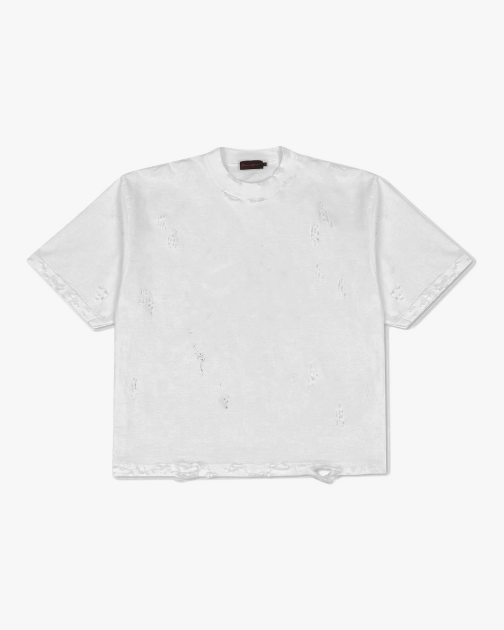 Distressed Oversized T-Shirt - white distressed oversized t-shirt with subtle distressed tears on front, sleeves, and hem, branded neck tag