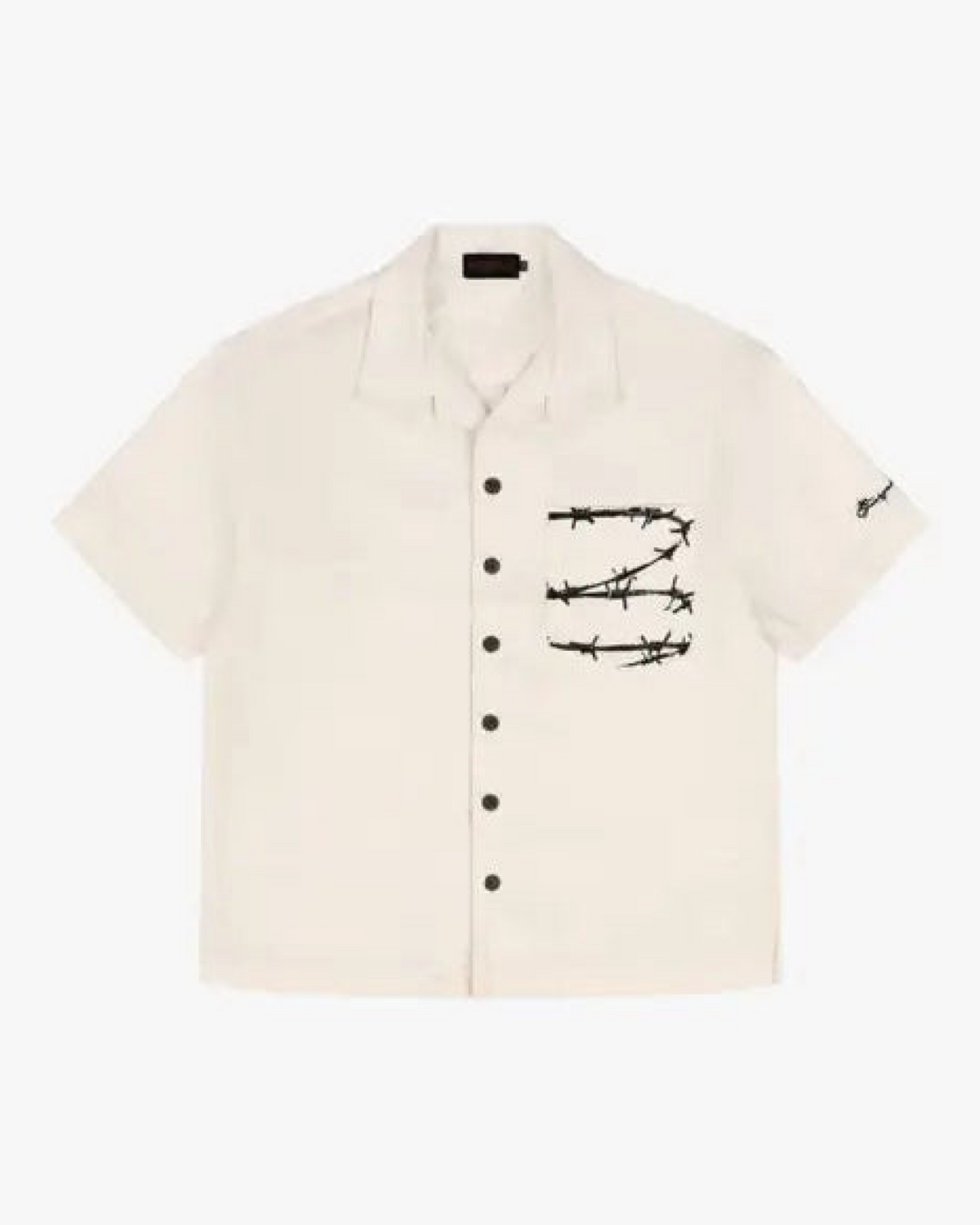 Barbed Wire Pocket Shirt (Ivory), flat product shot of a short-sleeve shirt with a black barbed wire chest pocket print.