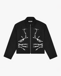 Barbed Wire Carpenter Jacket, flat product shot of a black zip-up jacket with white barbed wire print on the front.