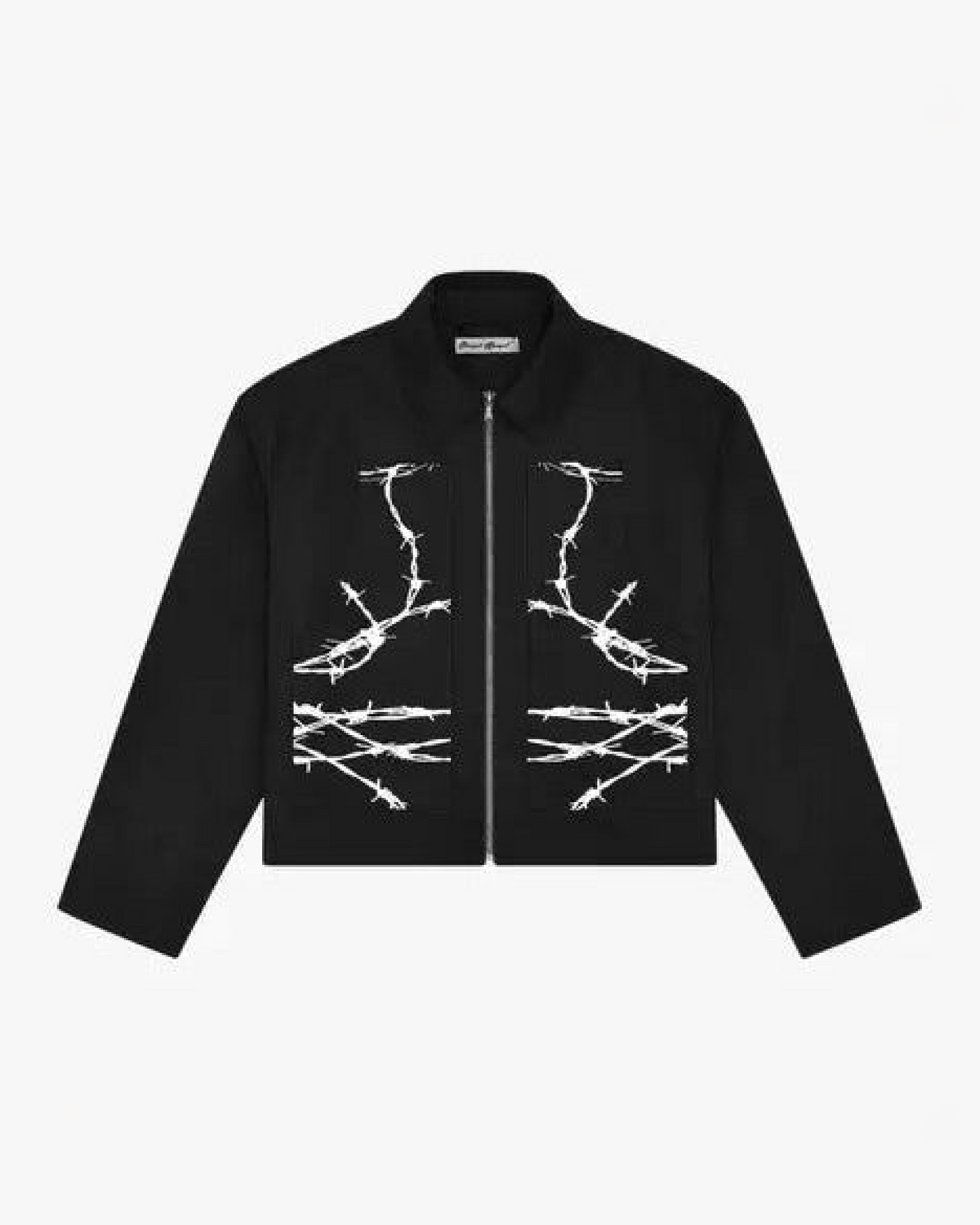 Barbed Wire Carpenter Jacket, flat product shot of a black zip-up jacket with white barbed wire print on the front.