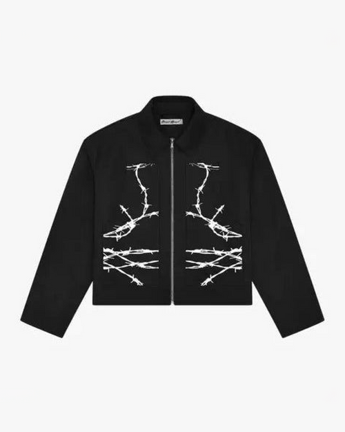 Barbed Wire Carpenter Jacket, flat product shot of a black zip-up jacket with white barbed wire print on the front.