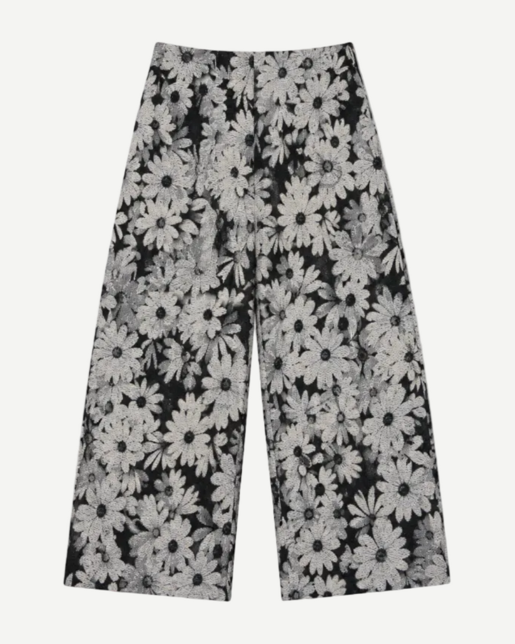 Floral Pants - black and white floral jacquard wide-leg pants with daisy pattern