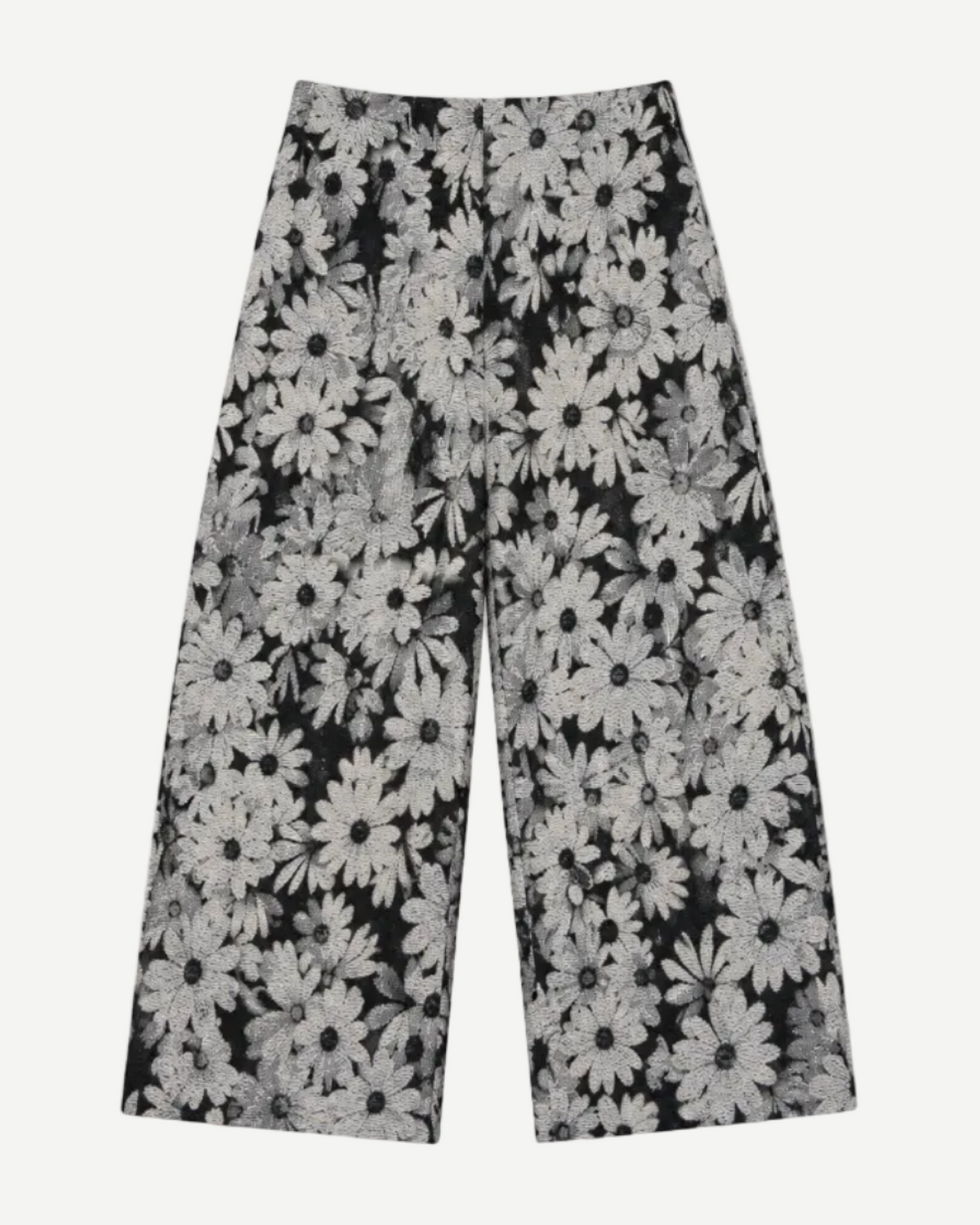 Floral Pants - black and white floral jacquard wide-leg pants with daisy pattern