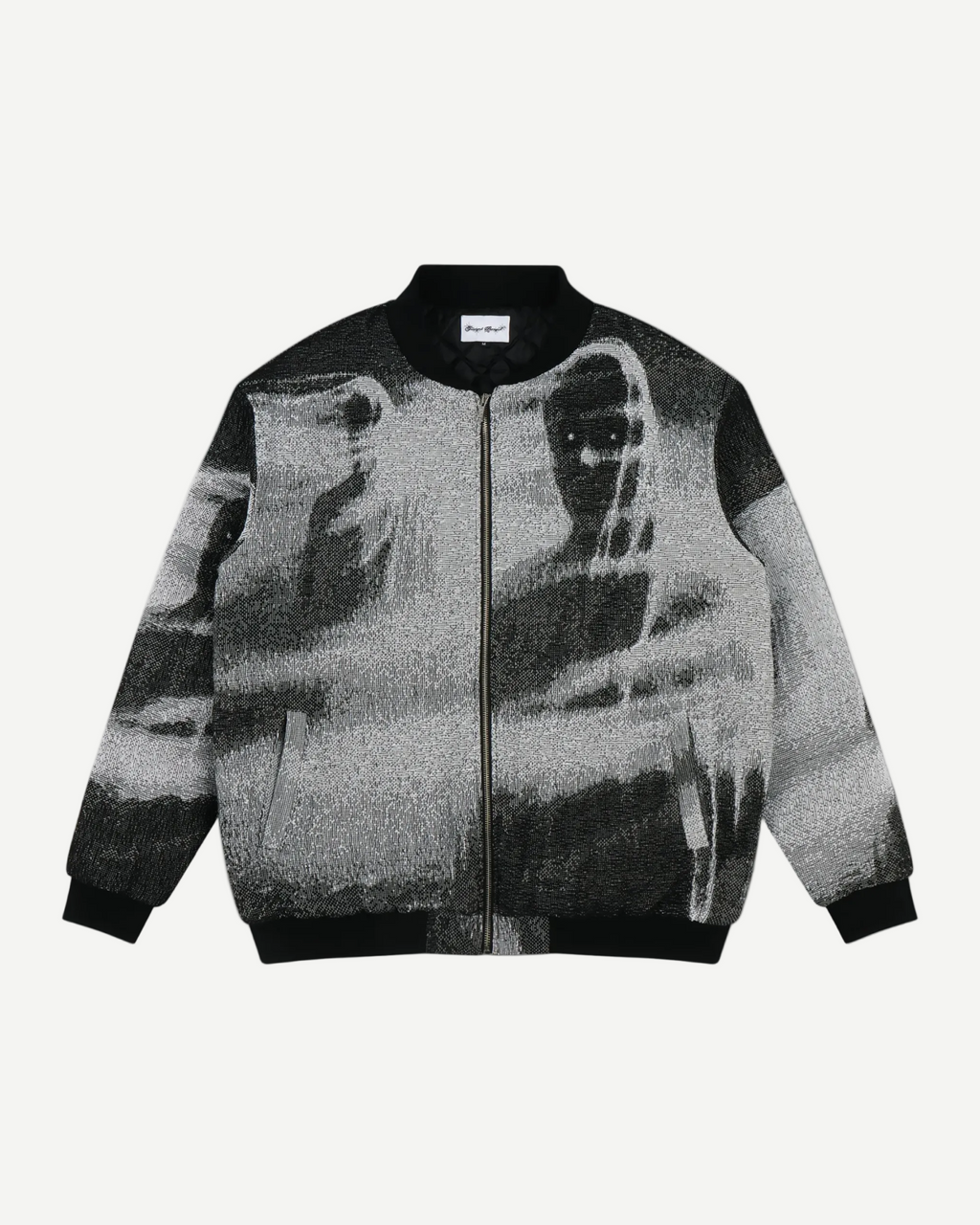 Shadow Bomber Jacket - woven tapestry bomber jacket featuring shadowy hooded figures in greyscale, black ribbed collar, cuffs, and waistband with zip front closure and quilted interior lining