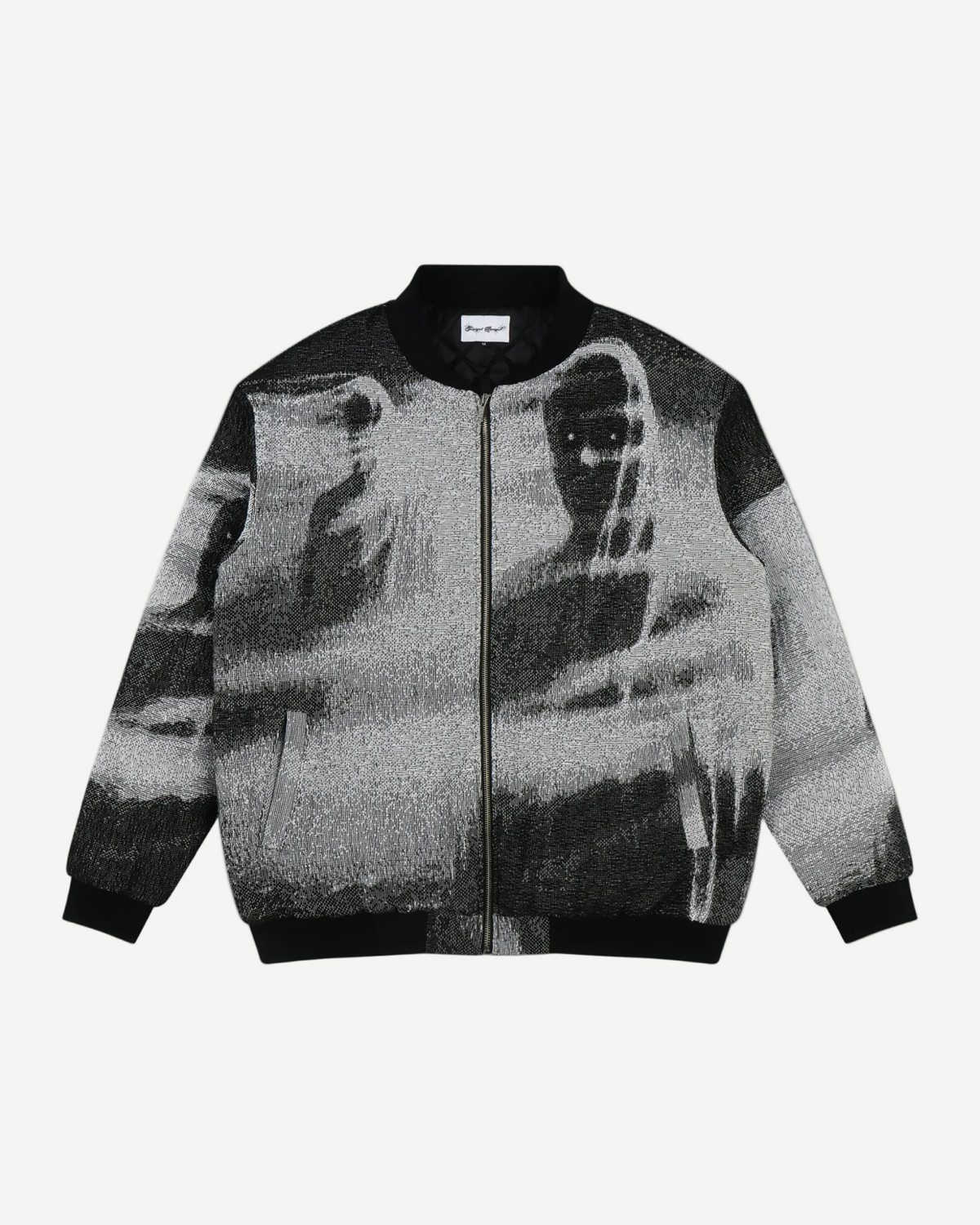 Shadow Bomber Jacket - woven tapestry bomber jacket featuring shadowy hooded figures in greyscale, black ribbed collar, cuffs, and waistband with zip front closure and quilted interior lining