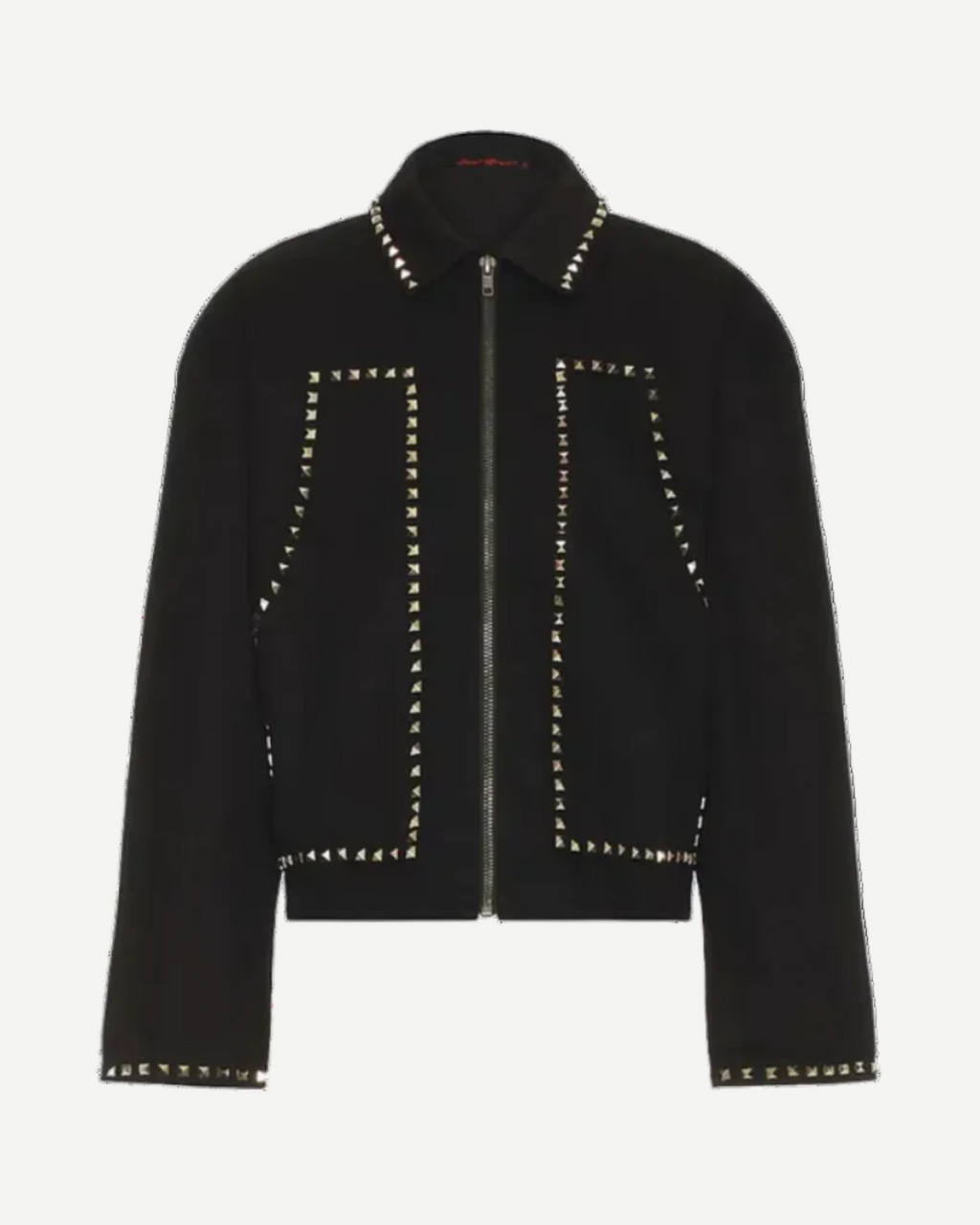 Studded Jacket PT 2 - black zip-up work jacket with metallic pyramid studs along the collar, front pockets, and cuffs