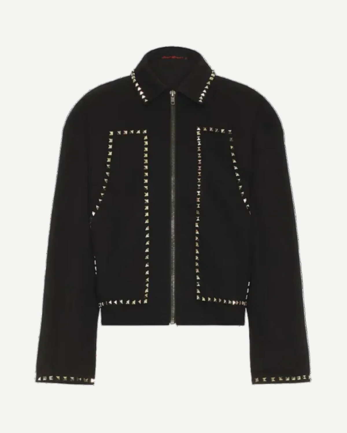 Studded Jacket PT 2 - black zip-up work jacket with metallic pyramid studs along the collar, front pockets, and cuffs