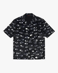Paranoid Short Sleeve Button Up, flat product shot of a black collared shirt with an all-over human eye print.  
