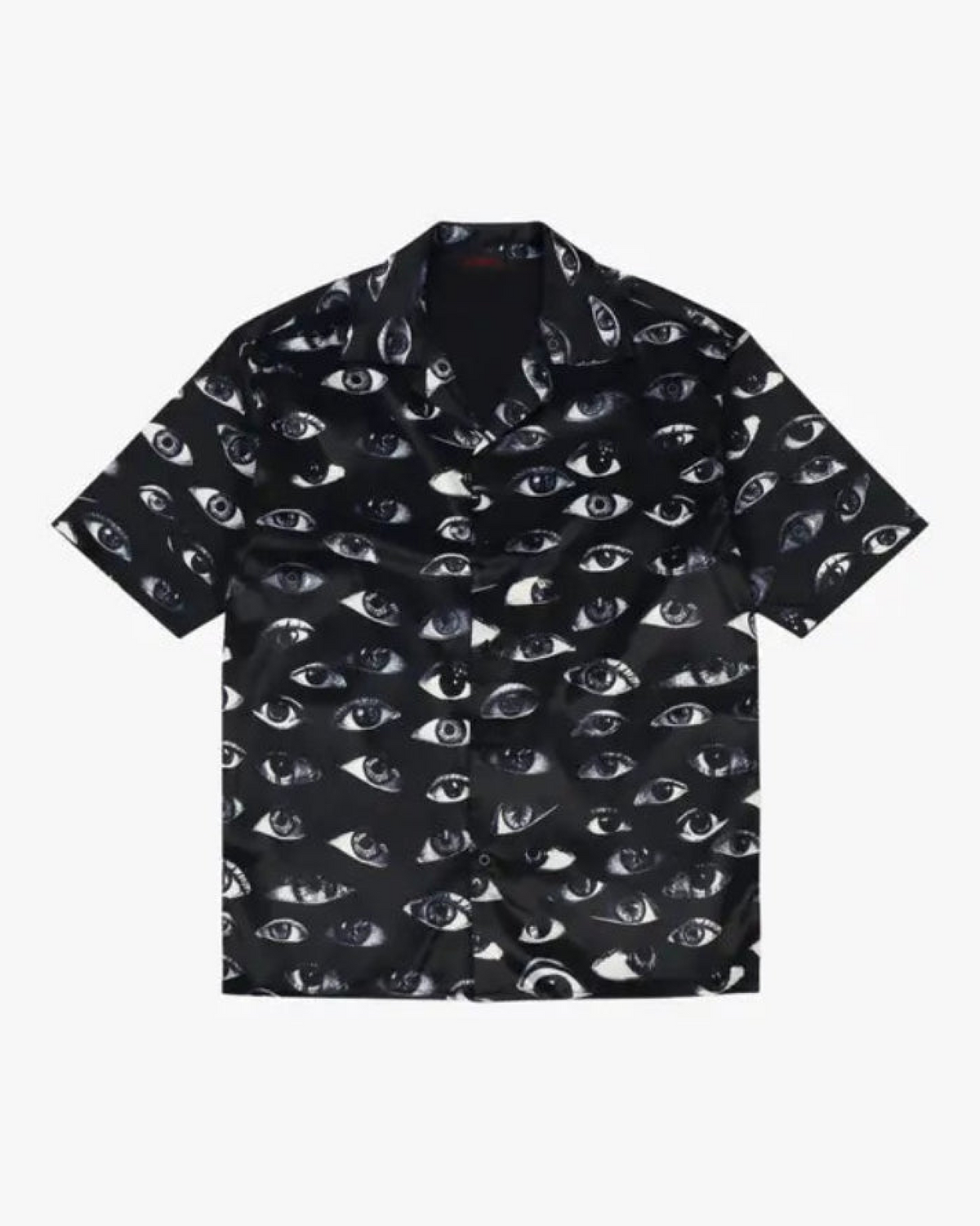 Paranoid Short Sleeve Button Up, flat product shot of a black collared shirt with an all-over human eye print.  