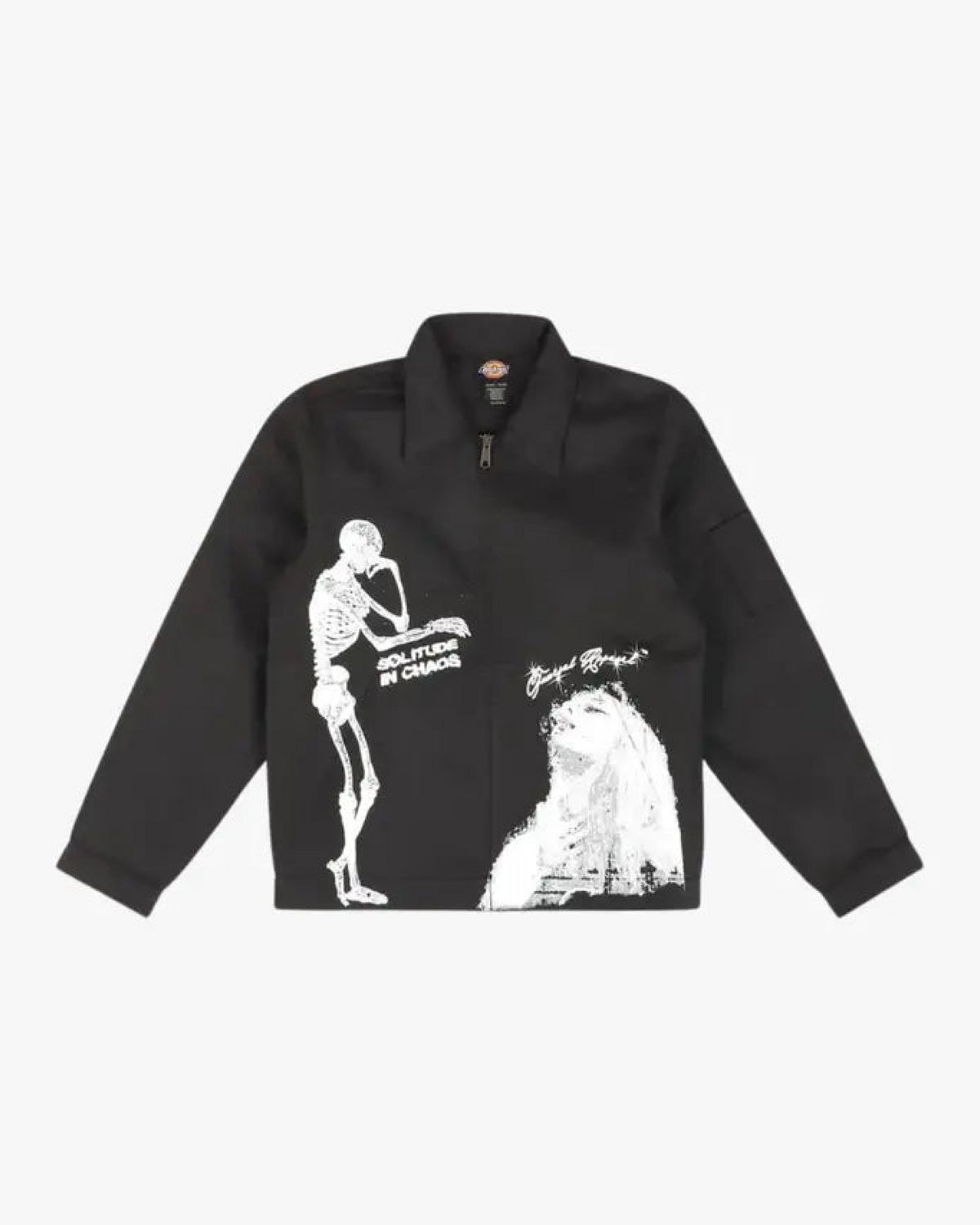 Solitude Dickies Jacket, flat product shot of a black zip-up jacket with white skeleton and figure graphics.