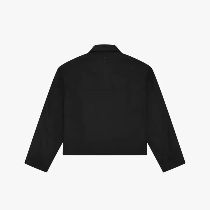 Barbed Wire Carpenter Jacket flat product shot, showing the back of the solid black collared jacket.