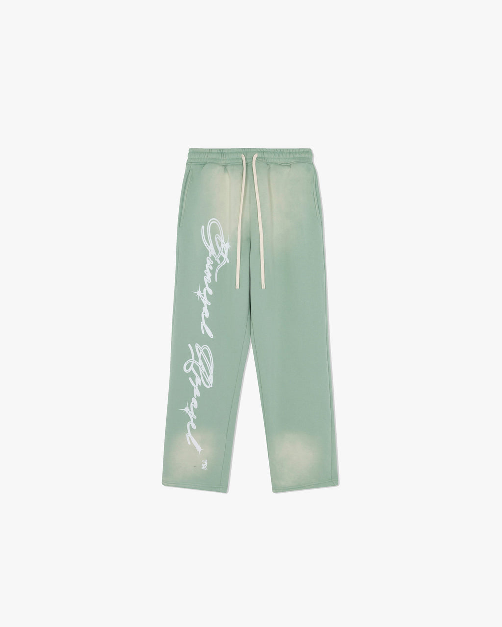 Washed Logo Sweatpants - washed sage green sweatpants with faded wash effect and white script 'Funeral Apparel' logo on the right leg