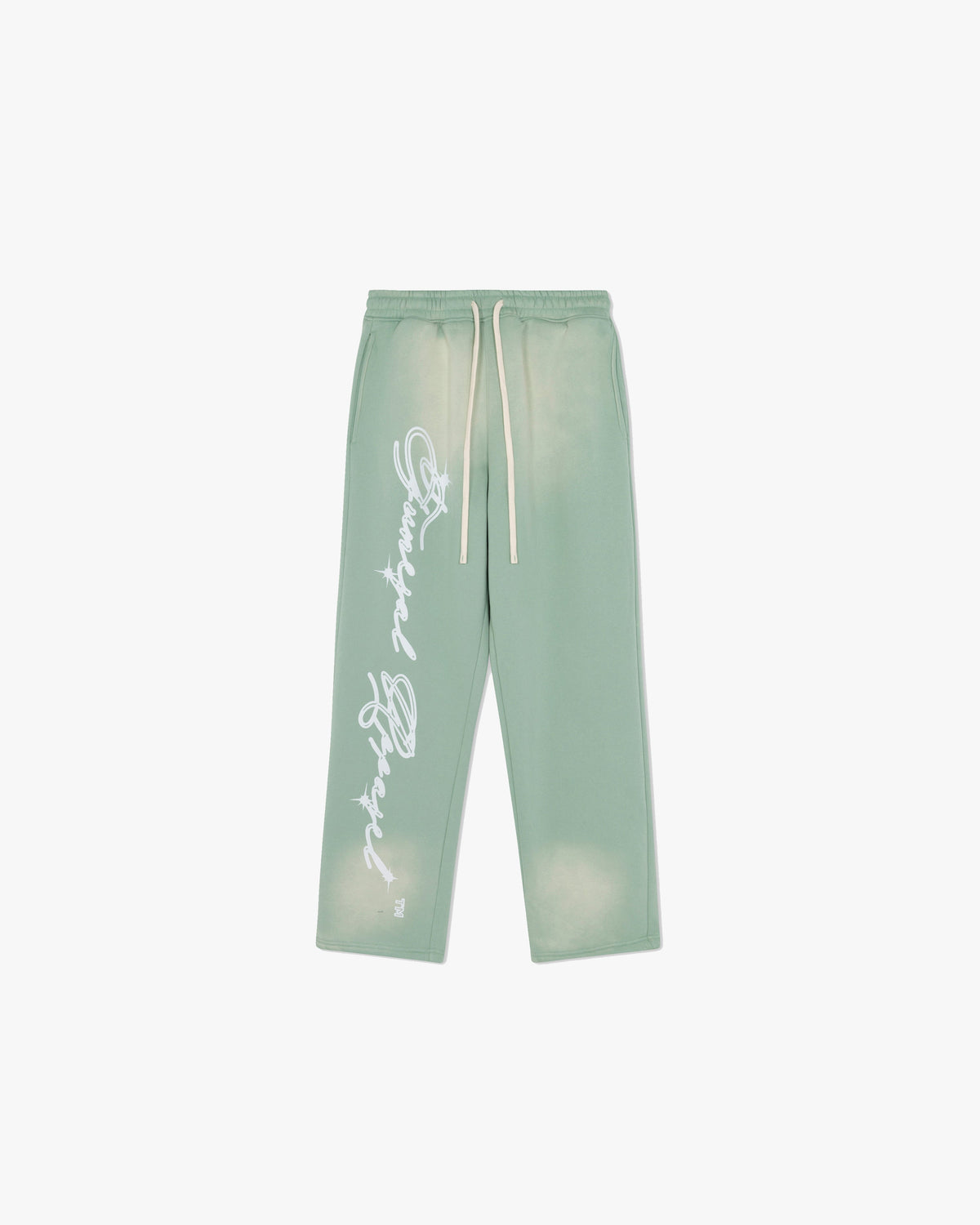 Washed Logo Sweatpants - washed sage green sweatpants with faded wash effect and white script 'Funeral Apparel' logo on the right leg