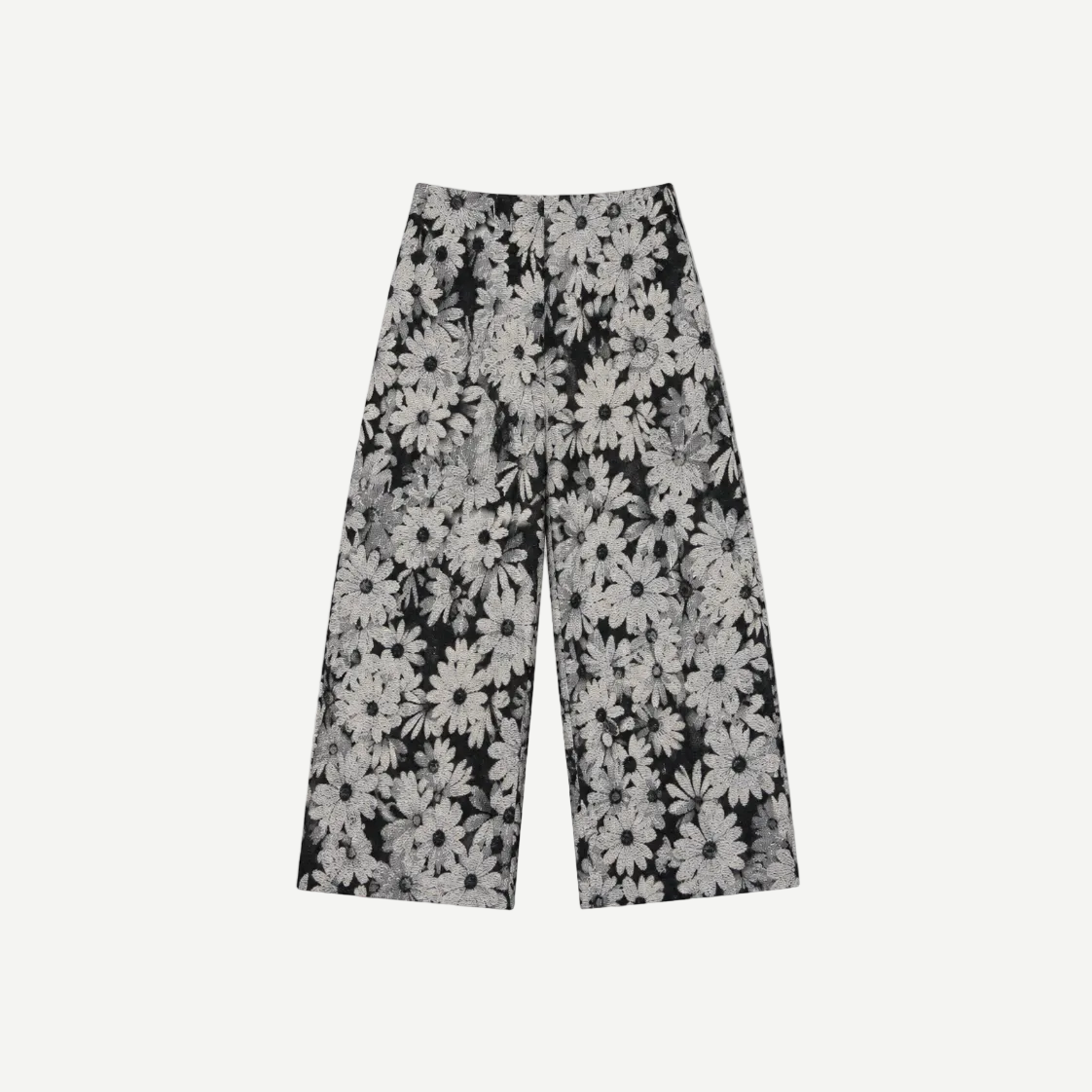 Floral Pants - black and white floral jacquard wide-leg pants with daisy pattern