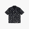 Paranoid Short Sleeve Button Up, flat product shot of a black collared shirt with an all-over human eye print.