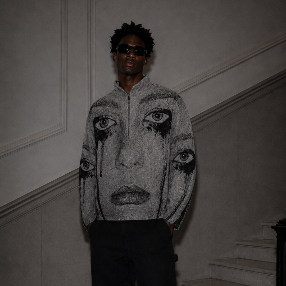 Cry Me A River Half Zip - grey jacquard tapestry half-zip pullover jacket featuring an all-over crying face graphic with running black tears