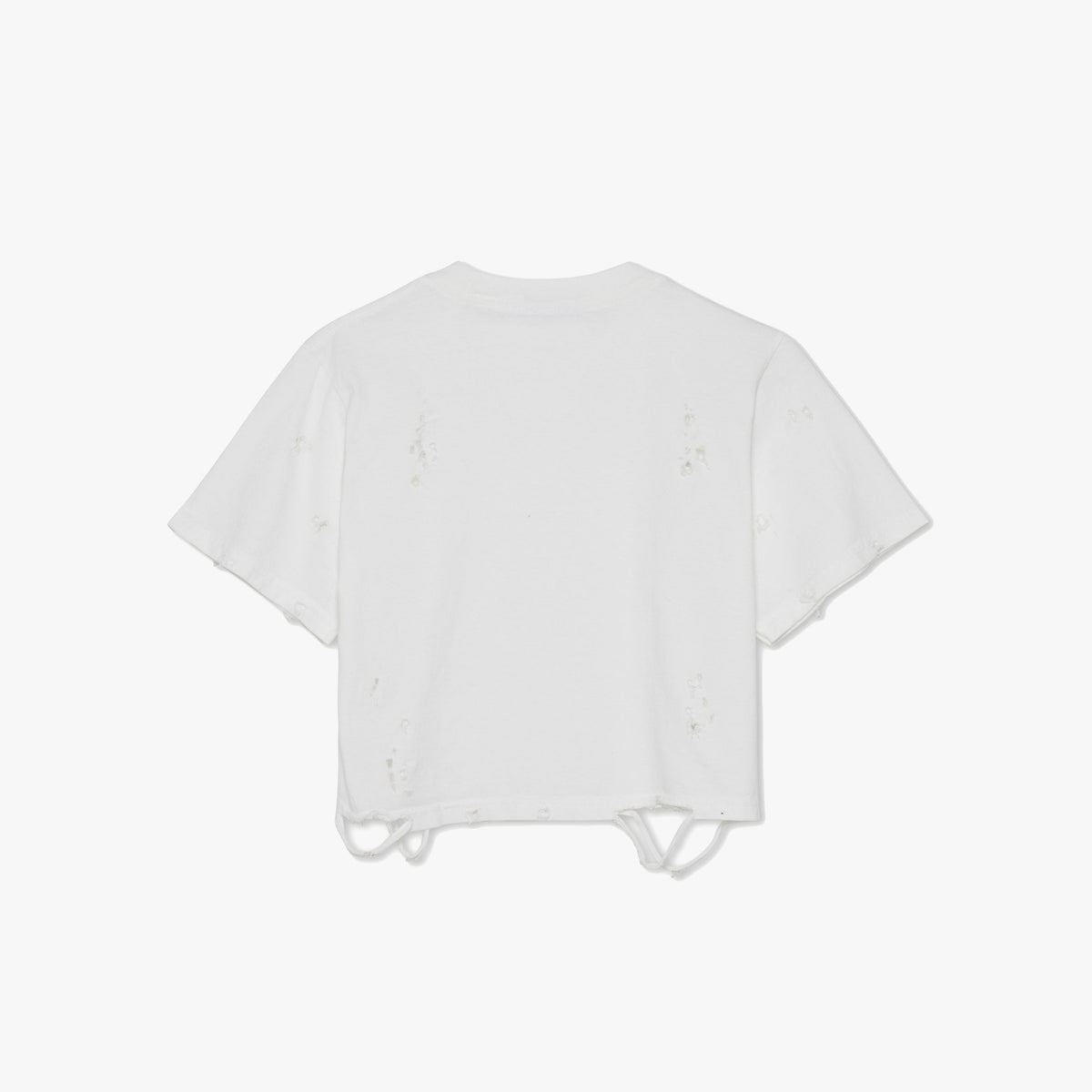 Distressed Cropped T-Shirt (Men’s) - white distressed cropped short sleeve t-shirt, distressing with loose hem threads/loops, flat back view