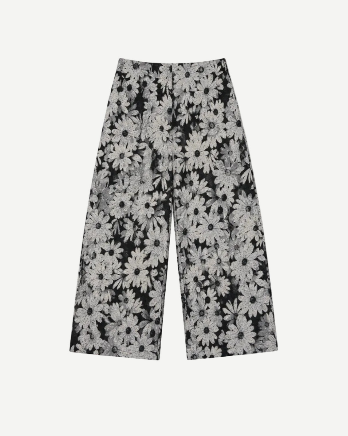 Floral Pants - black and white floral jacquard wide-leg pants with daisy pattern