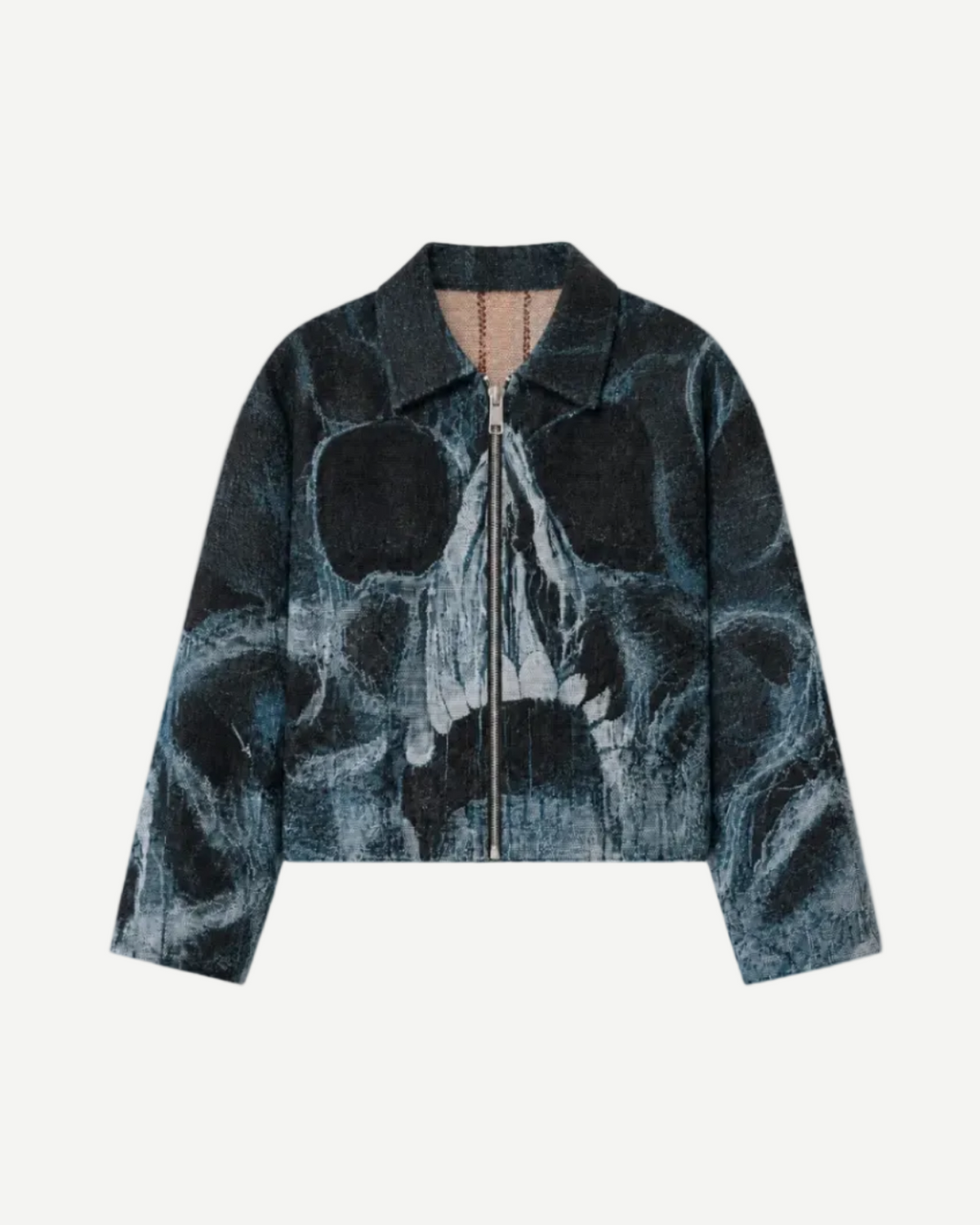 Skull Jacket - black and blue-grey tapestry woven zip-up jacket with a large skull graphic across the front and sleeves, featuring a pointed collar and silver metal zipper