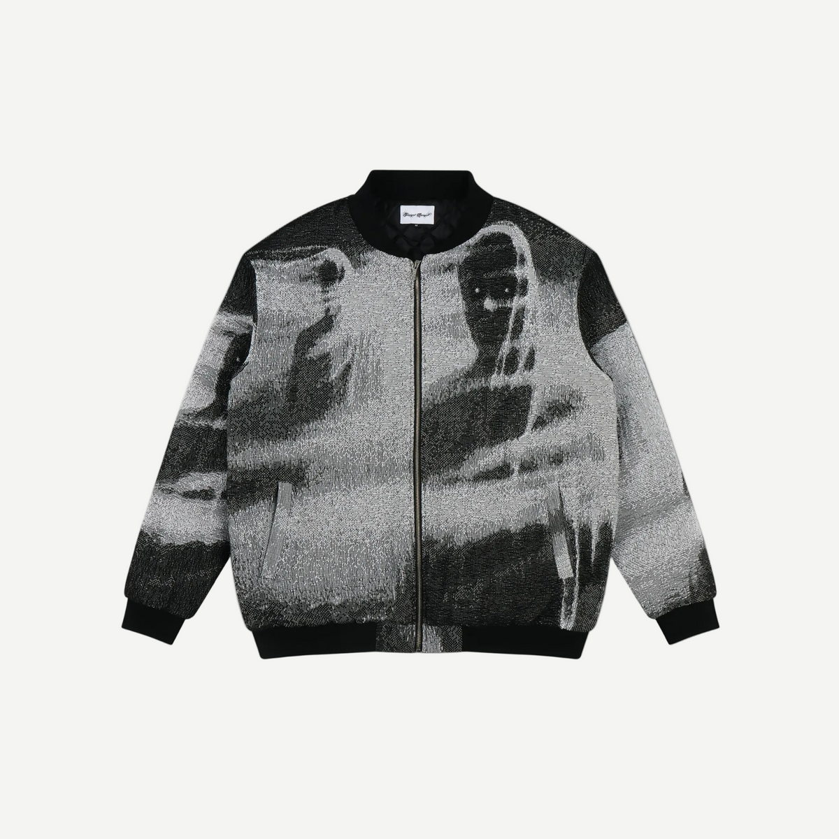 Shadow Bomber Jacket - woven tapestry bomber jacket featuring shadowy hooded figures in greyscale, black ribbed collar, cuffs, and waistband with zip front closure and quilted interior lining