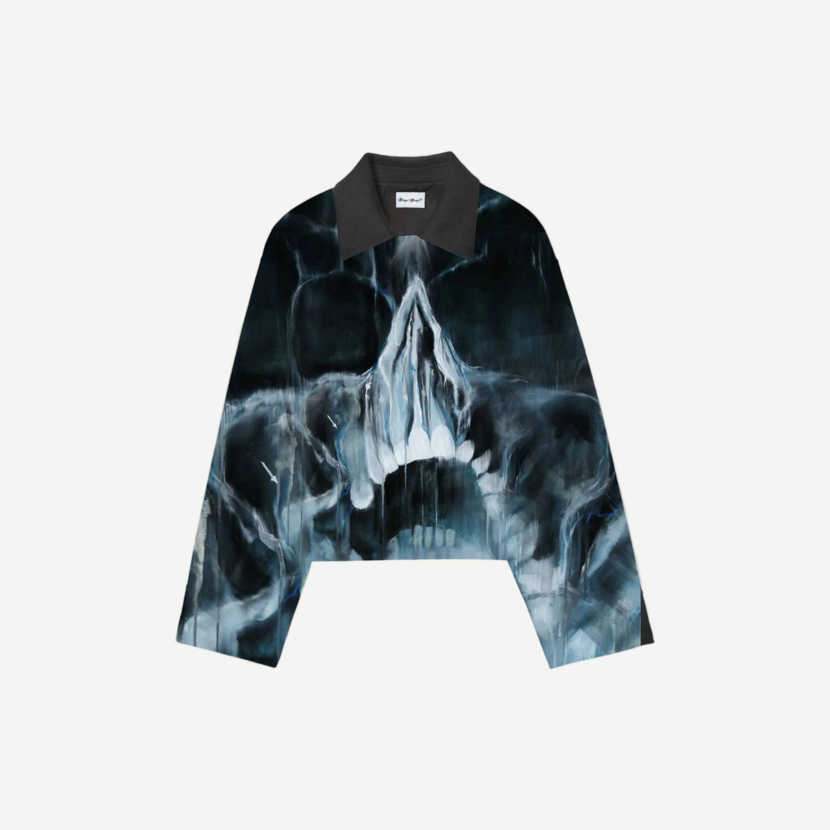 Skull Shirt - Cropped boxy long-sleeve shirt with black collar and an all-over blue-grey painted screaming skull graphic