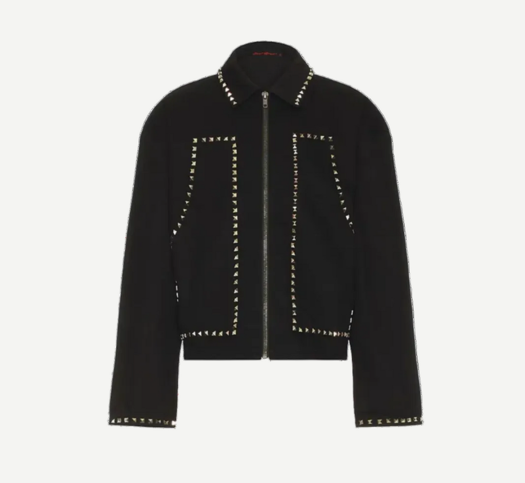 Studded Jacket PT 2 - black zip-up work jacket with metallic pyramid studs along the collar, front pockets, and cuffs