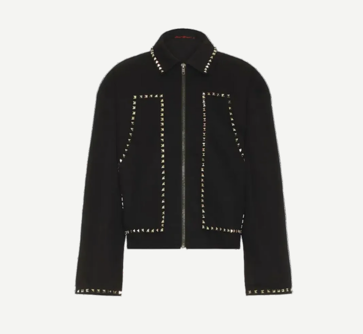 Studded Jacket PT 2 - black zip-up work jacket with metallic pyramid studs along the collar, front pockets, and cuffs