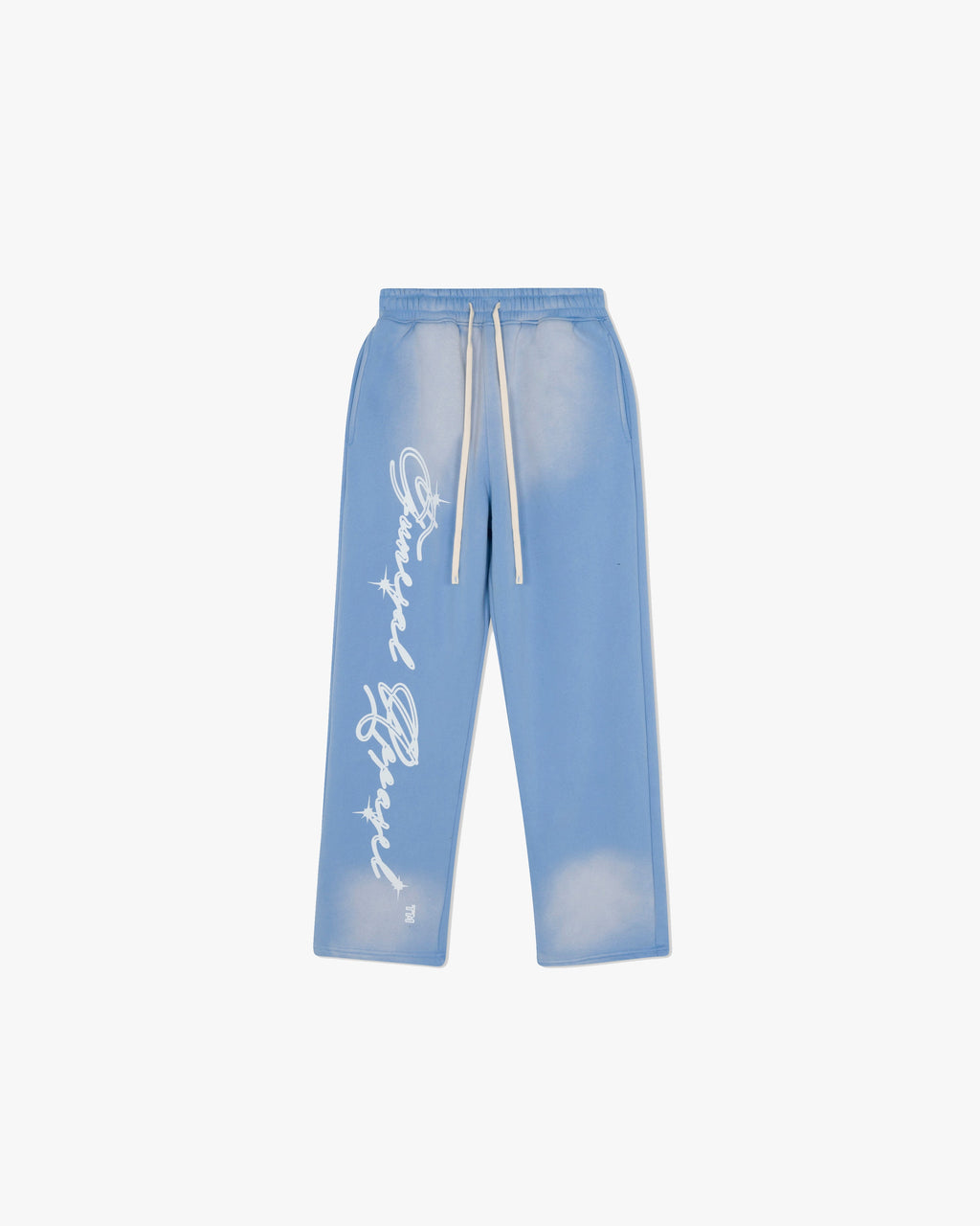 Washed Logo Sweatpants - light blue washed sweatpants with white cursive 'Funeral Apparel' script text along the right leg and cream drawstrings